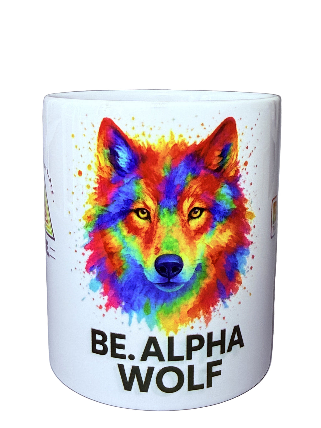 Taza “BE. THE IMPOSSIBLE” – Lobo multicolor estilo acuarela. Mensaje frontal grande